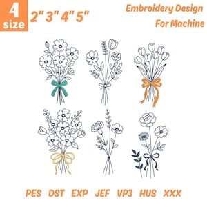 May include: A digital embroidery design file featuring six distinct line-art flower bouquets. The bouquets include various floral arrangements tied with ribbons in teal, orange, and yellow. Text includes 4 size 2" 3" 4" 5" and file formats PES, DST, EXP, JEF, VP3, HUS, XXX.