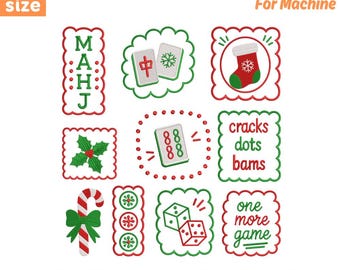 May include: A digital embroidery design set featuring nine festive icons including Mahjong tiles, a Christmas stocking, holly, a candy cane, and dice. Text includes "5 size", "Embroidery Design For Machine", "MAHJ", "cracks dots bams", "one more game", and file formats PES, DST, EXP, JEF, VP3, HUS, XXX.