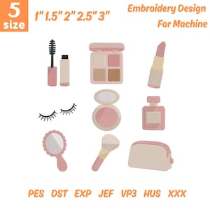 May include: An embroidery design for machine featuring nine makeup-themed icons in shades of pink and beige, including mascara, an eyeshadow palette, lipstick, eyelashes, a compact, perfume, a hand mirror, a makeup brush, and a cosmetic bag.