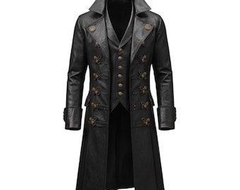 Women’s Pirate Steampunk Leather Coat | Vintage Black Gothic Victorian Trench | Medieval Cosplay Jacket