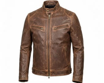 Men’s Brown Distressed Leather Jacket | Vintage Café Racer Biker Coat | Handmade Real Leather Motorcycle Jacket | Slim Fit Retro Style