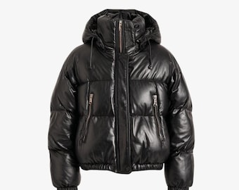 Men’s Leather Puffer Bomber Jacket – Black Hooded Winter Coat, Quilted Zip-Up Jacket