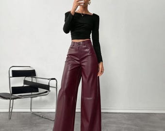 Burgundy Real Leather Pants Women, High Waist Wide Leg Trousers, Modern Luxury Outfit