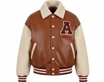 Men Brown Leather Varsity Jacket | Vintage Letterman Bomber | Sherpa Collar College Jacket | Streetwear Athletic Coat