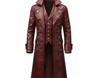Vintage Burgundy Steampunk Leather Coat Women | Long Pirate Trench Coat Gothic Victorian Cosplay Costume