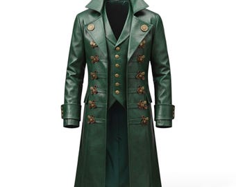 Green Steampunk Leather Trench Coat for Women | Gothic Victorian Pirate Jacket