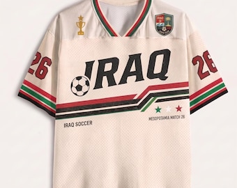 Camisa de Futebol do Iraque, Camisa Retrô da Mesopotâmia, Camisa Personalizada com Nome e Número, Presente para Fã de Futebol Iraquiano, Camiseta Vintage de Futebol do Iraque