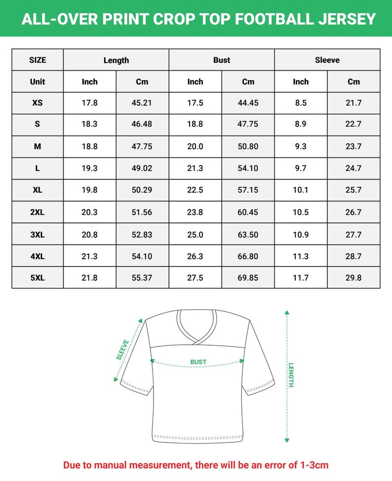 May include: A size chart for an all-over print crop top football jersey. The chart displays length, bust, and sleeve measurements in inches and centimeters for sizes XS through 5XL. A line drawing of a jersey illustrates the measurement points.