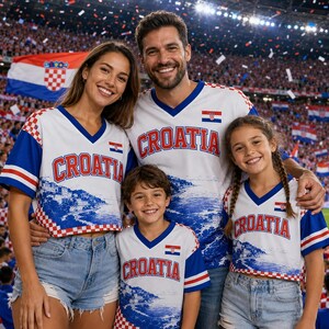 May include: White V-neck shirts featuring the word CROATIA in red letters, a blue and white coastal landscape graphic, and a red and white checkered pattern on the sleeves and hem, accented with the Croatian flag on the chest.