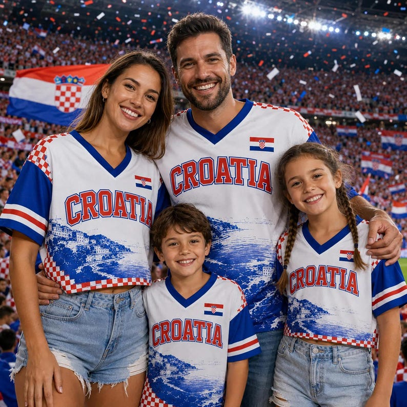 May include: White V-neck shirts featuring the word CROATIA in red letters, a blue and white coastal landscape graphic, and a red and white checkered pattern on the sleeves and hem, accented with the Croatian flag on the chest.