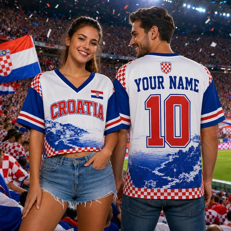 May include: A white, blue, and red V-neck jersey featuring the text CROATIA, a coastal landscape graphic, and a red and white checkered pattern. The back displays the text YOUR NAME and the number 10 in red with a white outline.