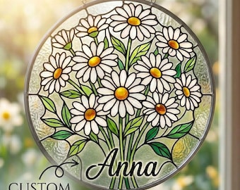 Enfeite de janela personalizado com margarida, flor de nascimento: apanhador de sol em acrílico com nome personalizado.