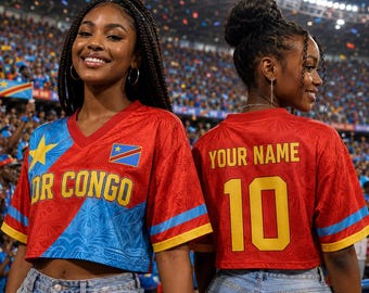 Custom DR Congo Soccer Crop Top Jersey, Personalized DR Congo Soccer Jersey Crop Tee, Support Football Team