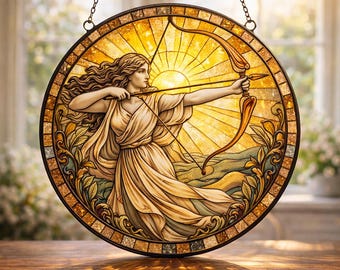 Artemis glas-in-lood zonnevanger, Griekse godin boogschutter raam hangend, mythologie decor, klassieke kunst cadeau
