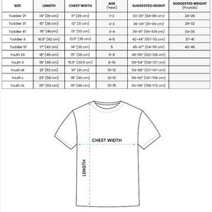 May include: A sizing chart for an AOP kids and youth t-shirt, featuring a table with columns for size, length in inches, chest width in inches, age, suggested height in inches, and suggested weight in pounds, alongside a t-shirt diagram.
