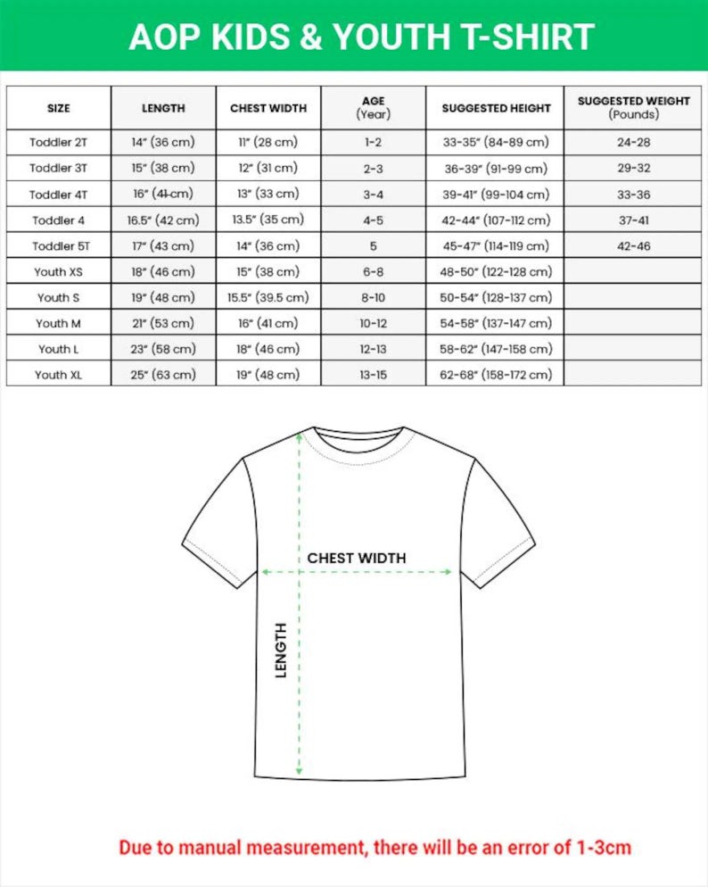 May include: A sizing chart for an AOP kids and youth t-shirt, featuring a table with columns for size, length in inches, chest width in inches, age, suggested height in inches, and suggested weight in pounds, alongside a t-shirt diagram.