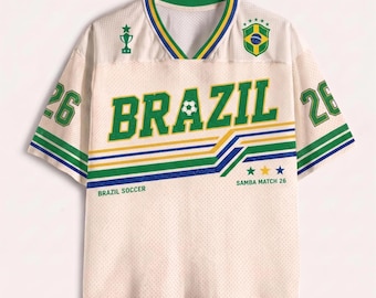 Camisa de Futebol do Brasil, Camisa Retrô de Samba, Camisa Personalizada com Nome e Número, Presente para Fã de Futebol Brasileiro