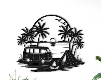 Camper Van Sunset Metal Wall Art: Boho Beach Decor