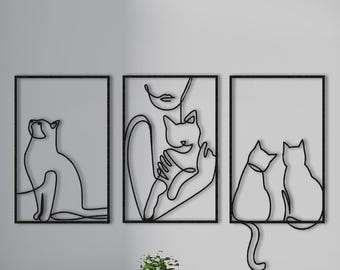 Minimalist Cat Metal Wall Art Set: Modern Line Sculpture