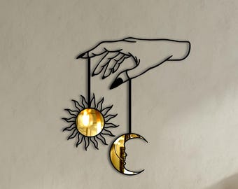 Metal Sun and Moon Wall Art: Celestial Hand Line Decor