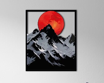 Mountain & Red Sun Metal Wall Art: Modern Steel Sculpture