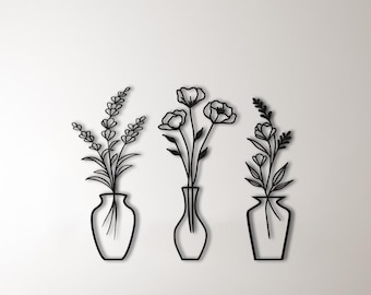 Minimalist Metal Flower Vase Wall Art: Floral Line Sculpture