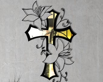 Floral Cross Wall Art: Gold Plexiglass Metal Christian Decor