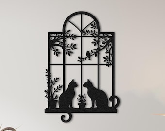 Cat Metal Wall Art: Window Scene Silhouette, Modern Home Decor