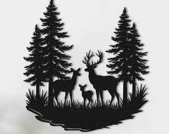 Deer Family Metal Wall Art: Forest Scene, Rustic Home Decor