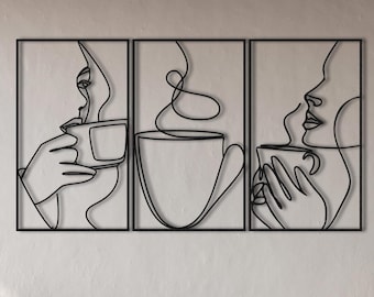 Modern Coffee Line Art, 3 Panel Metal Wall Decor