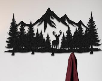 Metal Mountain Coat Rack, Forest Deer Silhouette, Entryway Organizer