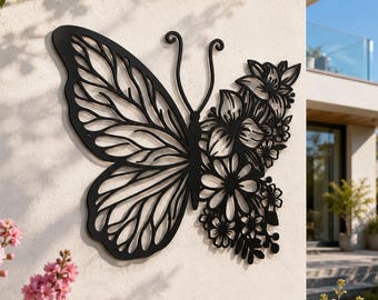 Metal Butterfly Floral Wall Art, Laser Cut Decor, Modern Botanical Steel Sign
