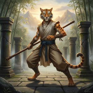 May include: An anthropomorphic tiger warrior in a martial arts pose, holding a staff. The tiger is clad in tan and white robes with a blue sash, set against a backdrop of stone pillars, bamboo, and mountains. The artwork has a fantasy theme.