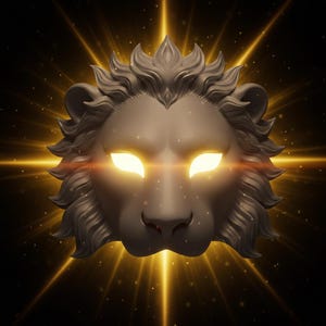 May include: A detailed illustration of a lion's head with glowing yellow eyes and a golden aura. The lion's head is a light brown color, and the background is black with golden rays emanating from behind the lion's head.