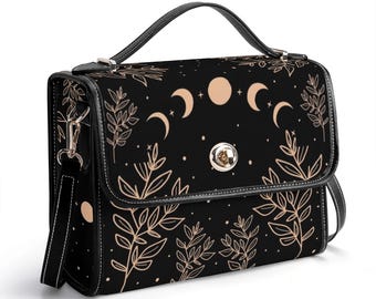 Cottagecore Celestial Moon Black Vegan Leather Satchel bag,sweet women nature crossbody purse,hippies boho gift purse PU Leather Satchel Bag