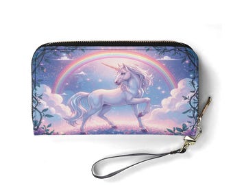 Rainbow Bags Joyful Lunch Bags Stile illustrazione fantasy con tonalità vivaci Portafoglio in pelle PU con unicorno custode arcobaleno