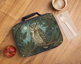 Sac à lunch en vitrail avec hibou et fougère - Cadeau pour amateur d'impression vintage - Style Art nouveau