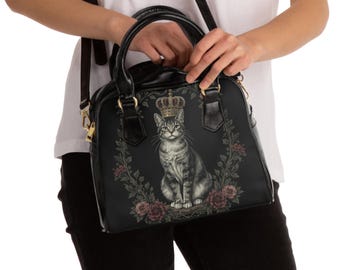 Victorian Cat with Crown Shoulder Bag - Gothic Cat Handbag - Gift for Goth Cat Mom - Gothic Elegance
