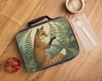 Fox with Fern Motif Lunch Bag - Insulated Bag - Gift for Nature Lovers - Art Nouveau Botanical Fusion