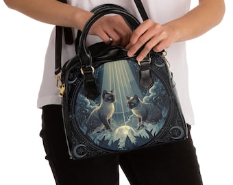 Mystic Siamese Guardians Shoulder Bag - Everyday Handbag - Gift for Witchy Cat Mom - Celestial Mystic Style