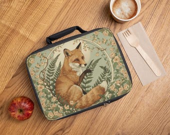 Fox with Fern Emblem Lunch Bag - Insulated Bag Gift for Cottagecore Enthusiasts - Art Nouveau Style