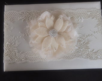 Wedding Guest Book Ivory Lace Aster Choose Flower Color