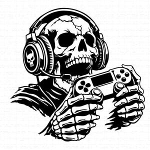 May include: Black and white illustration of a skull wearing a headset and holding a video game controller. The skull has an open mouth and is in a gaming pose. The headset has a microphone and a skull logo.
