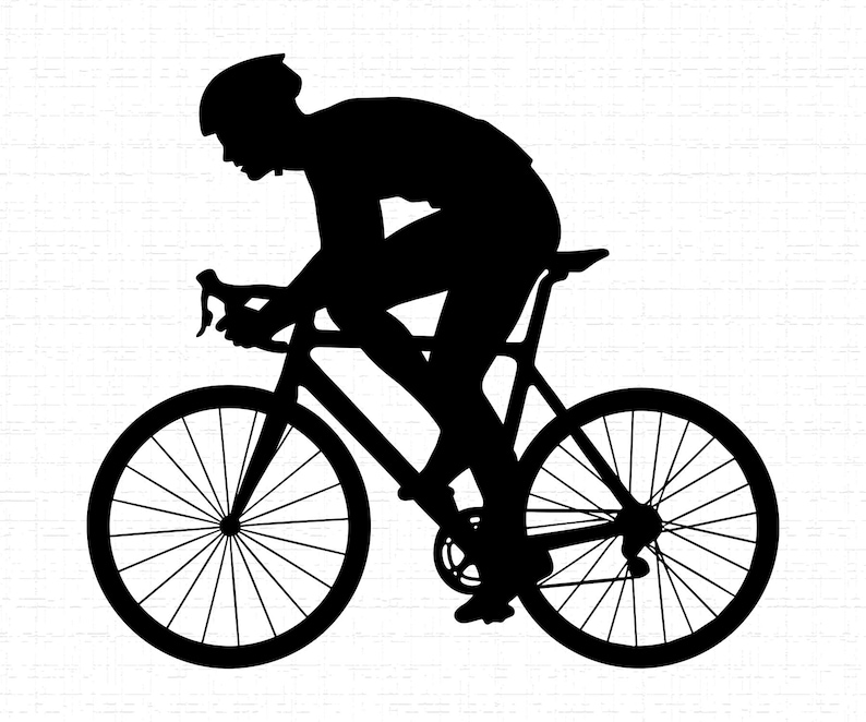 Może przedstawiać: Czarna sylwetka kolarza na rowerze szosowym. Kolarz ma na sobie kask i jest w niskiej, aerodynamicznej pozycji. Rower ma kierownicę szosową i cienkie opony, zaprojektowane z myślą o prędkości. Obraz jest czarno-biały.