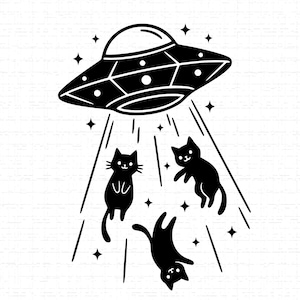 May include: Black and white illustration of a UFO beaming up three cartoon cats. The spaceship is black with white accents and is surrounded by stars. The cats are black and have various poses.