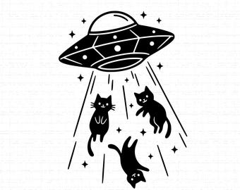 Funny UFO Cat Abduction SVG, PNG: Alien Spaceship, Space Kitty, Flying Saucer, Humor T-Shirt Design, Cut File, Instant Download