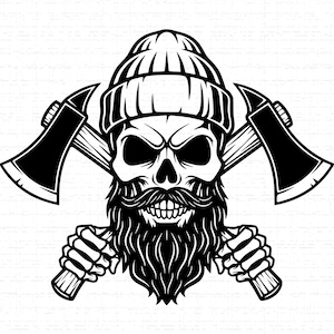 May include: Black and white illustration of a skull wearing a beanie and a long beard, holding two axes. The skull has an angry expression and a handlebar mustache. The axes are crossed behind the skull.