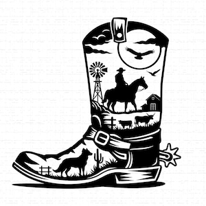 May include: Black and white illustration of a cowboy boot with a Western scene inside. The scene includes a cowboy on a horse, windmill, cattle, and a wolf. The boot has a spur and buckle.