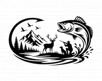Puede incluir: Ilustración en blanco y negro de una escena de caza y pesca. Un pez saltando, un cazador con un perro y un ciervo se presentan dentro de un marco ovalado. Montañas, árboles y pájaros completan el tema al aire libre.