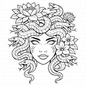 Könnte beinhalten: Schwarz-Weiß-Illustration von Medusas Gesicht, mit Schlangen als Haaren, Blumen und einem ruhigen Ausdruck. Die detaillierte Strichzeichnung eignet sich für verschiedene Anwendungen wie Kleidung oder Heimdekoration.